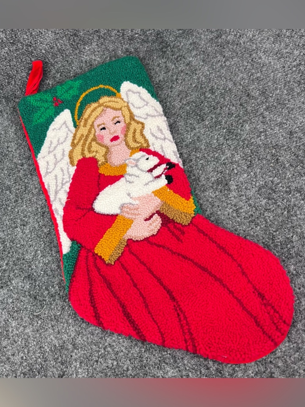 Needlepoint Christmas Stocking Angel Holding A Lamb 18.5” x 8” Red Suede Backing